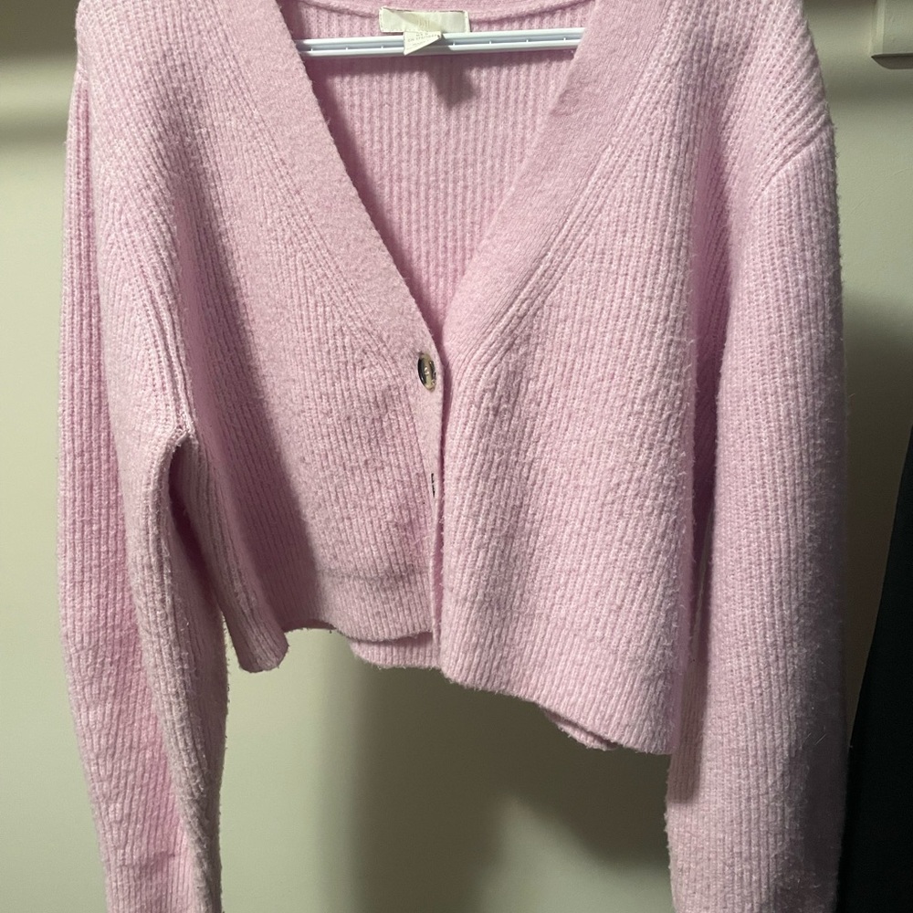 Cropped pink wool blend cardigan